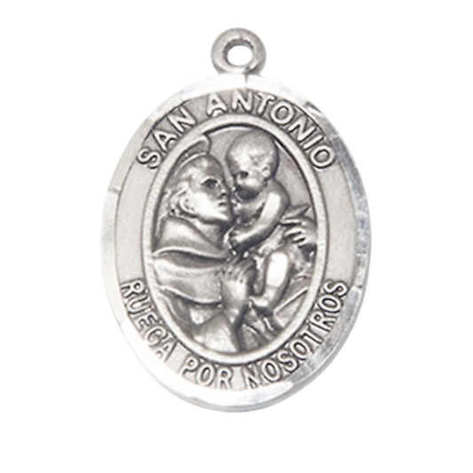 Mens Oval .925 Sterling Silver Saint St. Antonio Medal Pendant on 24 Inch Rhodium Plated Heavy Curb Brass Chain with Lobster Claw clasp, Catholic Religious Necklace - Made in USA- Velvet Gift Box