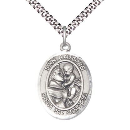 Everlasting Light Jewelry Spanish Script Men's .925 Sterling Silver San Antonio Medal Pendant on 24 Inch Endless Rhodium Plated Heavy Curb Chain,Catholic Religious Necklace -Made in USA, Deluxe Velvet Gift Box
