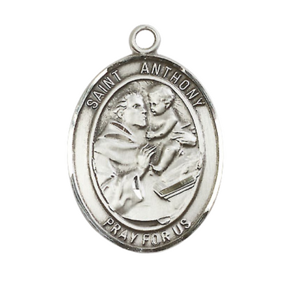 .925 Sterling Silver Saint St. Anthony of Padua Medal Pendant on 24 Inch Endless Rhodium Plated Heavy Curb Brass Chain, Catholic Religious Necklace - Made in USA- Prayer Card Included