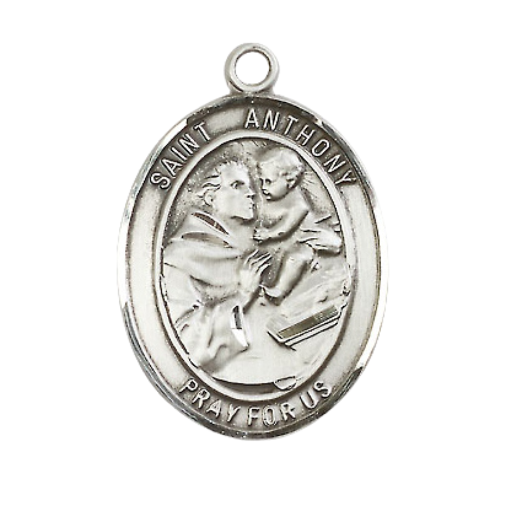Everlasting Light Jewelry Pewter Saint St. Anthony of Padua Medal Pendant on 24 Inch Endless Rhodium Plated Heavy Curb Brass Chain, Catholic Religious Necklace - Made in USA- Prayer Card Included
