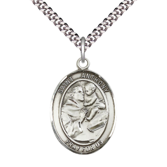 Saint Anthony of Padua Medal Necklace – Men's Pewter Pendant with 24-Inch Light Rhodium Plated Heavy Curb Chain – Patron Saint of Lost Articles & The Poor – Velvet Gift Box Included