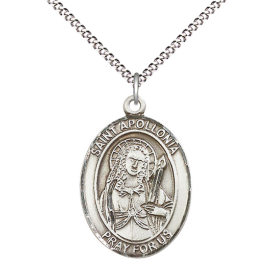 .925 Sterling Silver Saint St. Apollonia Medal Pendant on 18 Inch Rhodium Plated Lite Curb Brass Chain with Lobster Claw Clasp, Catholic Religious Necklace - Made in USA- Deluxe Velvet Gift Box