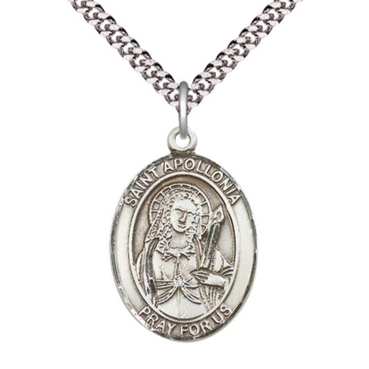Saint Apollonia Men's Pewter Medal Necklace– Patron Saint of Dental Diseases – 24” Light Rhodium Plated Heavy Curb Chain – Velvet Gift Box