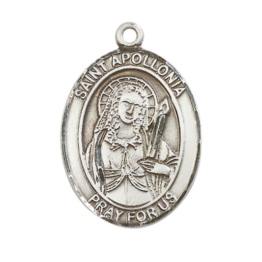 Mens Oval .925 Sterling Silver Saint St. Apollonia Medal Pendant on 24 Inch Rhodium Plated Heavy Curb Brass Chain with Lobster Claw clasp, Catholic Religious Necklace - Made in USA- Velvet Gift Box
