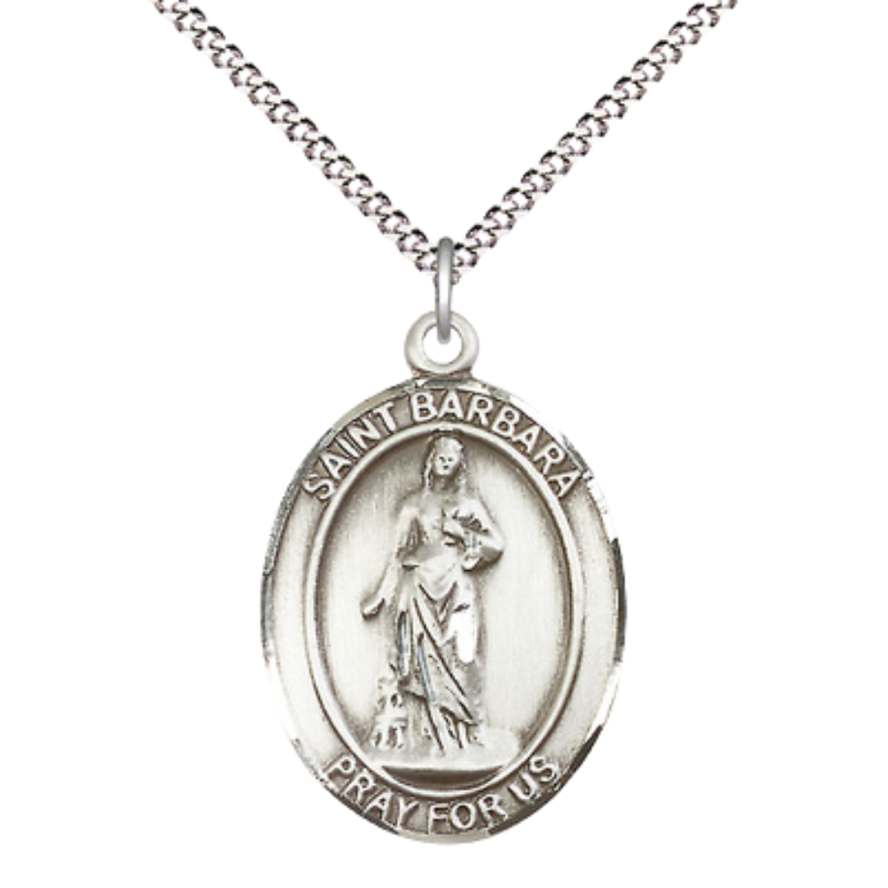 Women's Pewter Saint St. Barbara Medal Pendant Necklace with 18 Inch Rhodium Plated Lite Curb Brass Chain– Patron Saint St. of Architects & Protection from Sudden Death Catholic Medal – Velvet Gift Box Included