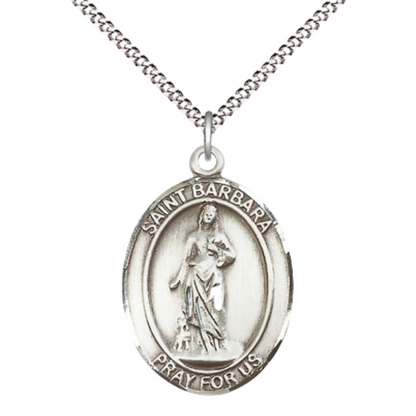 Women's .925 Sterling Silver Saint St. Barbara Medal Pendant on 18 Inch Rhodium Plated Lite Curb Brass Chain with Lobster Claw Clasp, Catholic Religious Necklace - Made in USA- Deluxe Velvet Gift Box