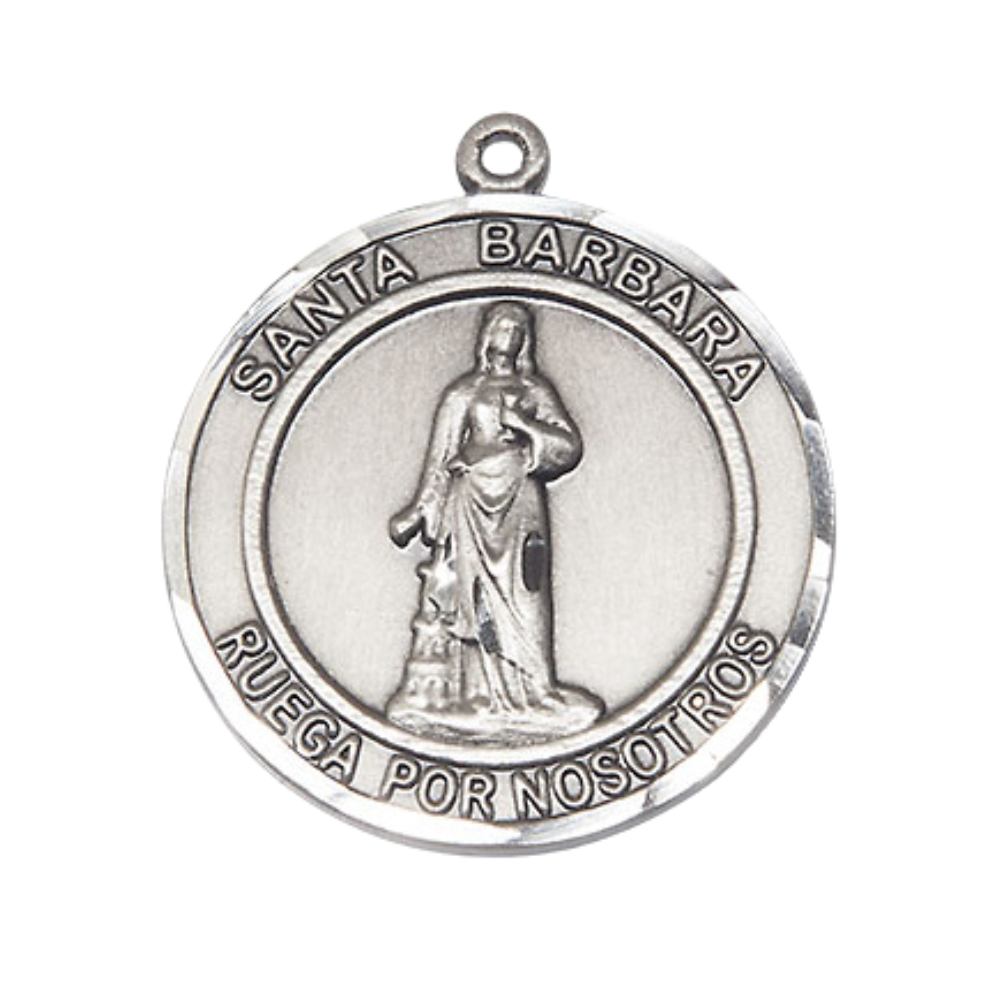 Spanish Script Women's .925 Sterling Silver Santa St. Barbara Medal Pendant on 18 Inch Rhodium Plated Lite Curb Brass Chain, Catholic Religious Necklace with Lobster Claw Clasp - Made in USA, in Deluxe Velvet Gift Box