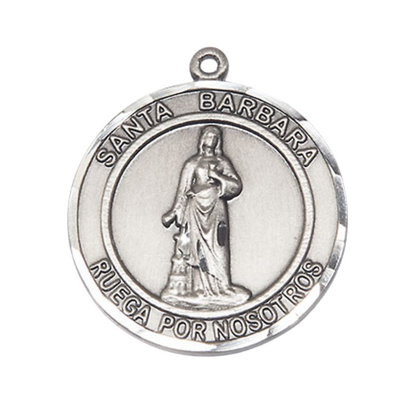 Spanish Script Women's Pewter Santa St. Barbara Medal Pendant on 18 Inch Rhodium Plated Lite Curb Brass Chain, Catholic Religious Necklace with Lobster Claw Clasp - Made in USA- Deluxe Velvet Gift Box