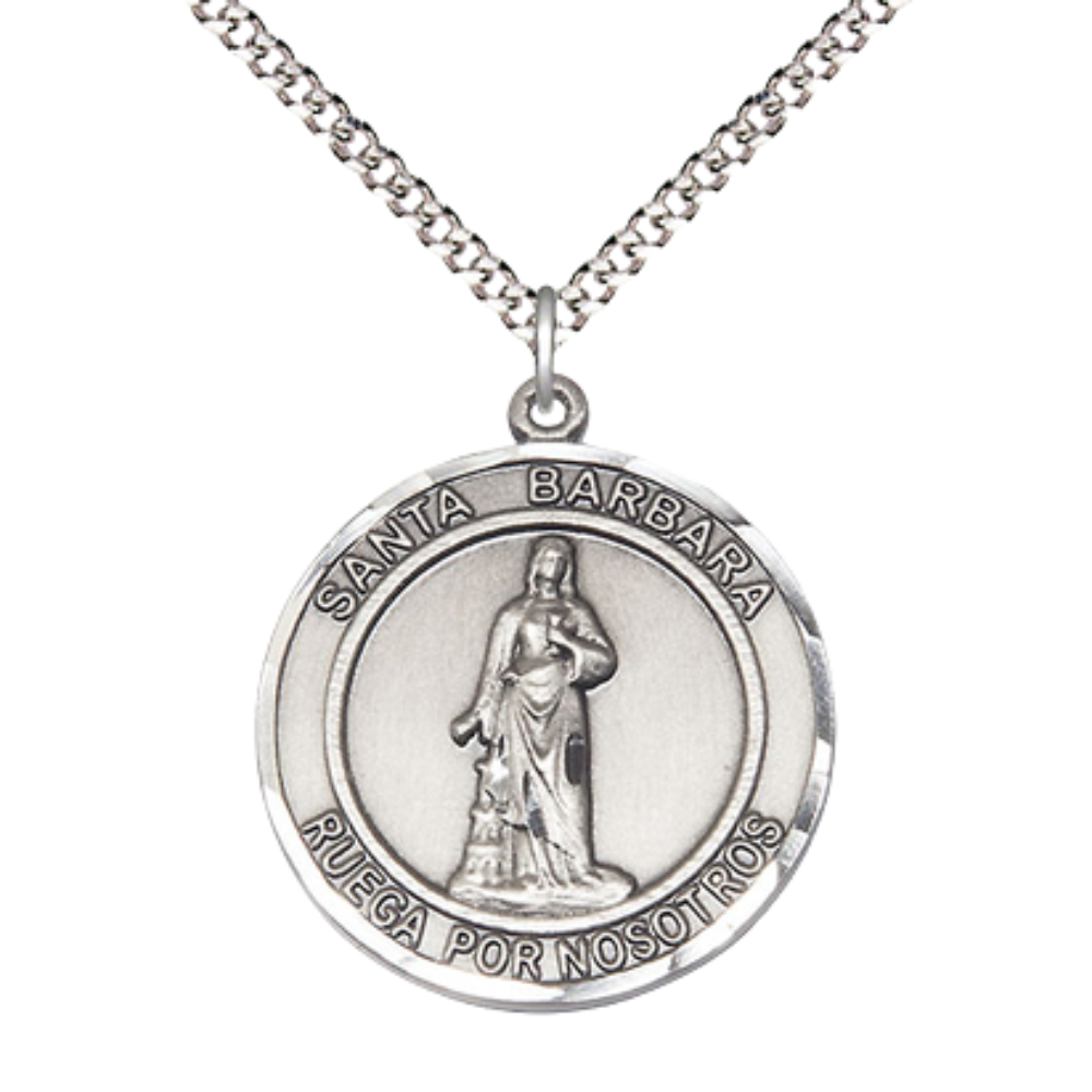 Spanish Script Women's Pewter Santa St. Barbara Medal Pendant on 18 Inch Rhodium Plated Lite Curb Brass Chain, Catholic Religious Necklace with Lobster Claw Clasp - Made in USA- Deluxe Velvet Gift Box