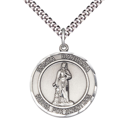 Everlasting Light Jewelry Spanish Script Men's Pewter Santa St. Barbara Medal Pendant on 24 Inch Endless Rhodium Plated Heavy Curb Chain, Catholic Religious Necklace - Made in USA, in Deluxe Velvet Gift Box