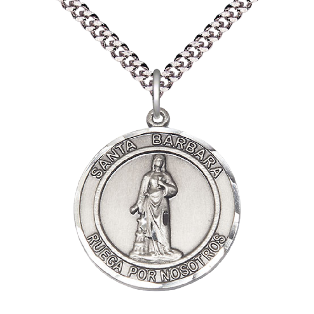 Mens Round .925 Sterling Silver Santa St. Barbara Medal Pendant on 24 Inch Rhodium Plated Heavy Curb Brass Chain with Lobster Claw clasp, Catholic Religious Necklace - Made in USA- Velvet Gift Box