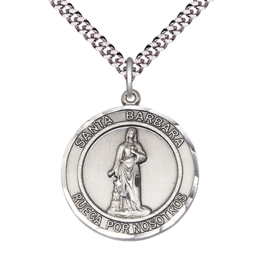 Mens Round .925 Sterling Silver Santa St. Barbara Medal Pendant on 24 Inch Rhodium Plated Heavy Curb Brass Chain with Lobster Claw clasp, Catholic Religious Necklace - Made in USA- Velvet Gift Box