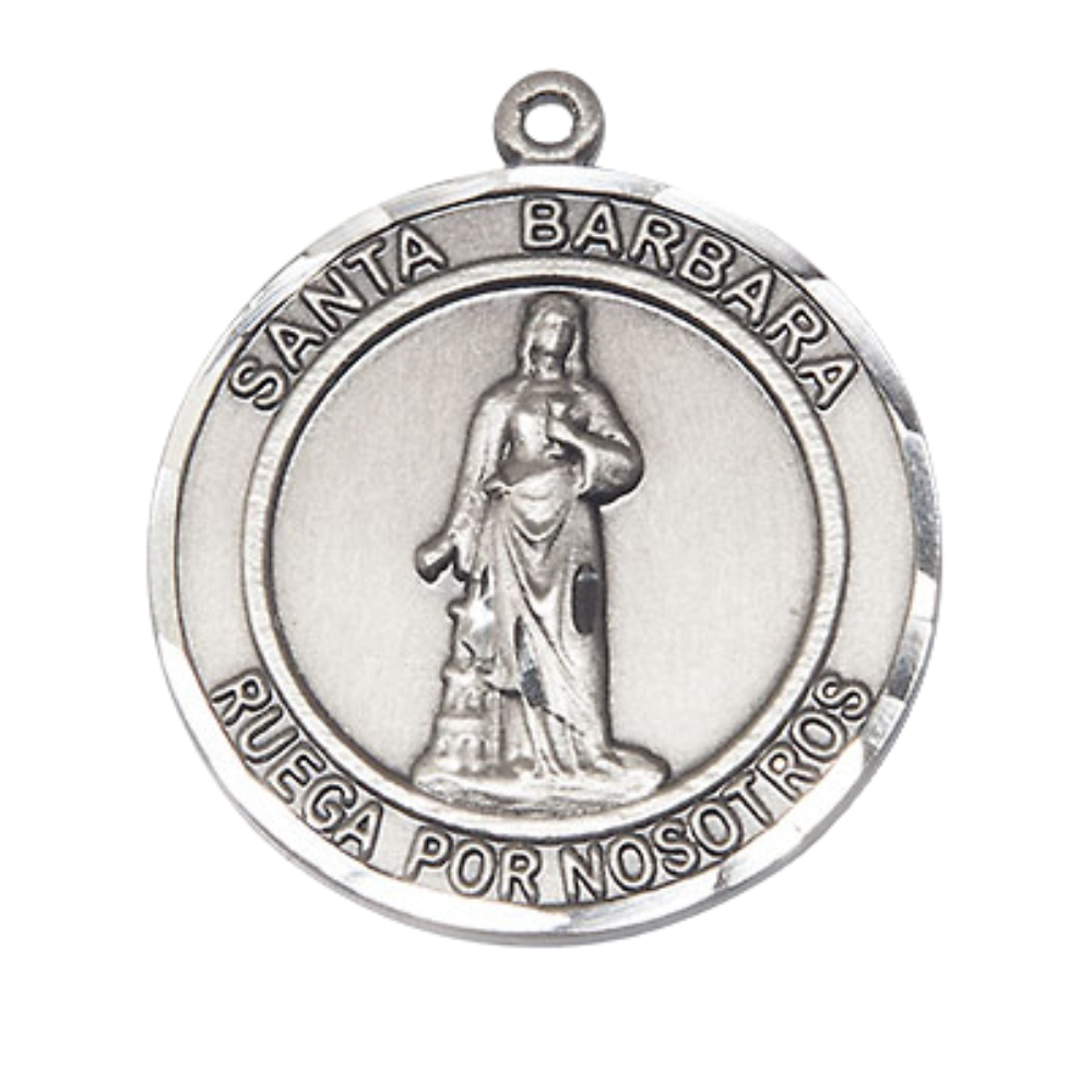Everlasting Light Jewelry Spanish Script Men's .925 Sterling Silver Santa St. Barbara Medal Pendant on 24 Inch Endless Rhodium Plated Heavy Curb Chain, Catholic Religious Necklace - Made in USA, Deluxe Velvet Gift Box