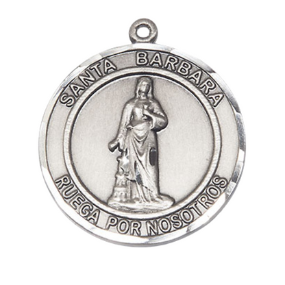 Mens 1 x 7/8" Round Pewter Santa St. Barbara Medal Pendant on 24 Inch Rhodium Plated Heavy Curb Brass Chain with Lobster Claw clasp, Catholic Religious Necklace - Made in USA- Deluxe Velvet Gift Box