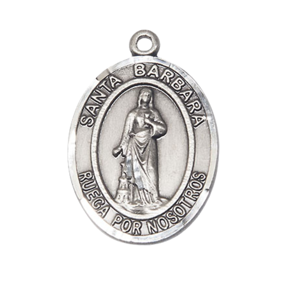 Spanish Script Women's .925 Sterling Silver Santa St. Barbara Medal Pendant on 18 Inch Rhodium Plated Lite Curb Brass Chain, Catholic Religious Necklace with Lobster Claw Clasp - Made in USA, Deluxe Velvet Gift Box