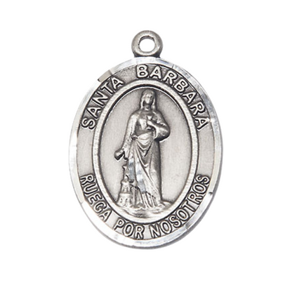 Spanish Script Women's .925 Sterling Silver Santa St. Barbara Medal Pendant on 18 Inch Rhodium Plated Lite Curb Brass Chain, Catholic Religious Necklace with Lobster Claw Clasp - Made in USA, Deluxe Velvet Gift Box