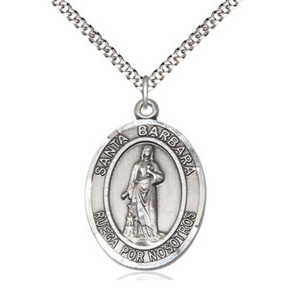 Spanish Script Women's .925 Sterling Silver Santa St. Barbara Medal Pendant on 18 Inch Rhodium Plated Lite Curb Brass Chain, Catholic Religious Necklace with Lobster Claw Clasp - Made in USA, Deluxe Velvet Gift Box