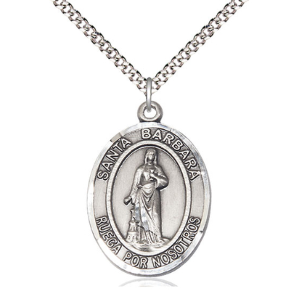Spanish Script Women's Pewter Santa St. Barbara Medal Pendant on 18 Inch Rhodium Plated Lite Curb Brass Chain, Catholic Religious Necklace with Lobster Claw Clasp - Made in USA, Deluxe Velvet Gift Box