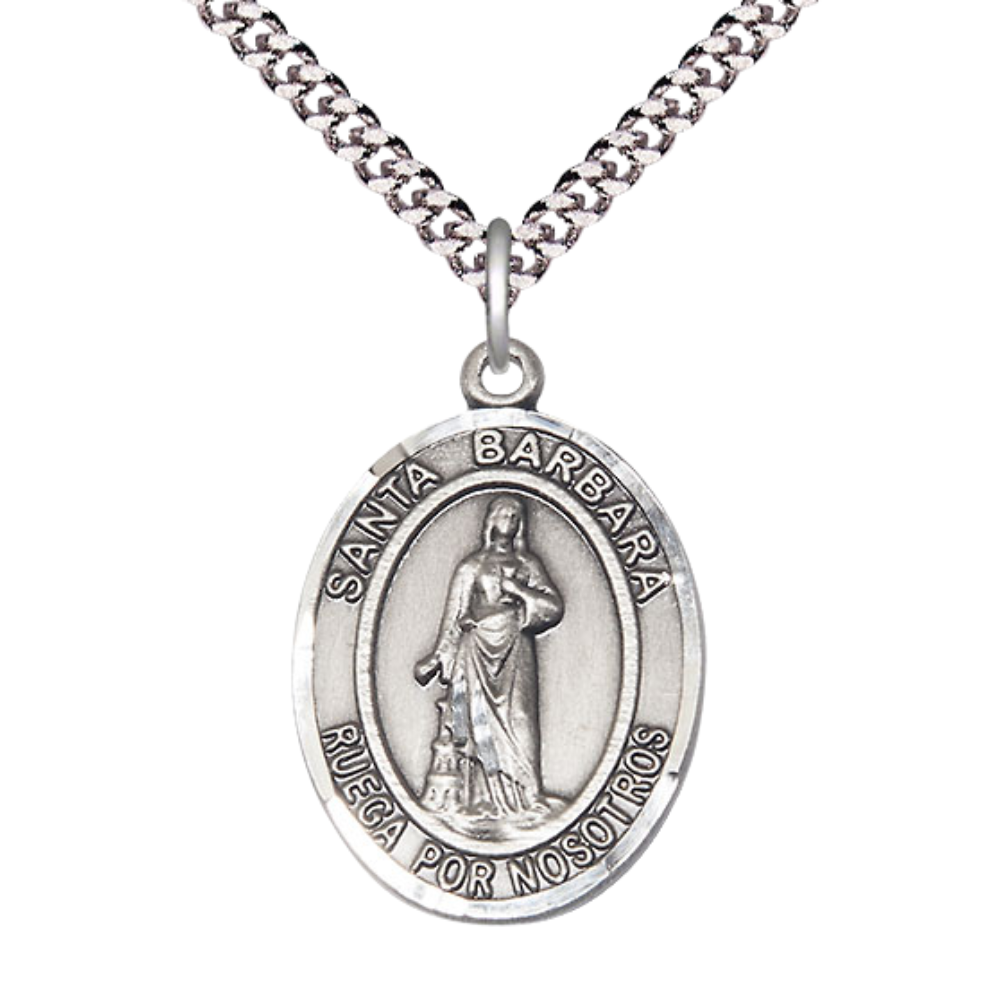 Mens Oval .925 Sterling Silver Santa St. Barbara Medal Pendant on 24 Inch Rhodium Plated Heavy Curb Brass Chain with Lobster Claw clasp, Catholic Religious Necklace - Made in USA- Velvet Gift Box