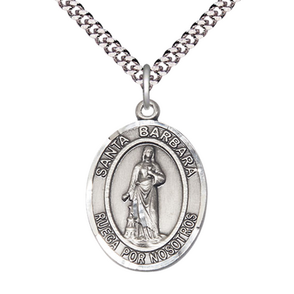 Mens Oval .925 Sterling Silver Santa St. Barbara Medal Pendant on 24 Inch Rhodium Plated Heavy Curb Brass Chain with Lobster Claw clasp, Catholic Religious Necklace - Made in USA- Velvet Gift Box
