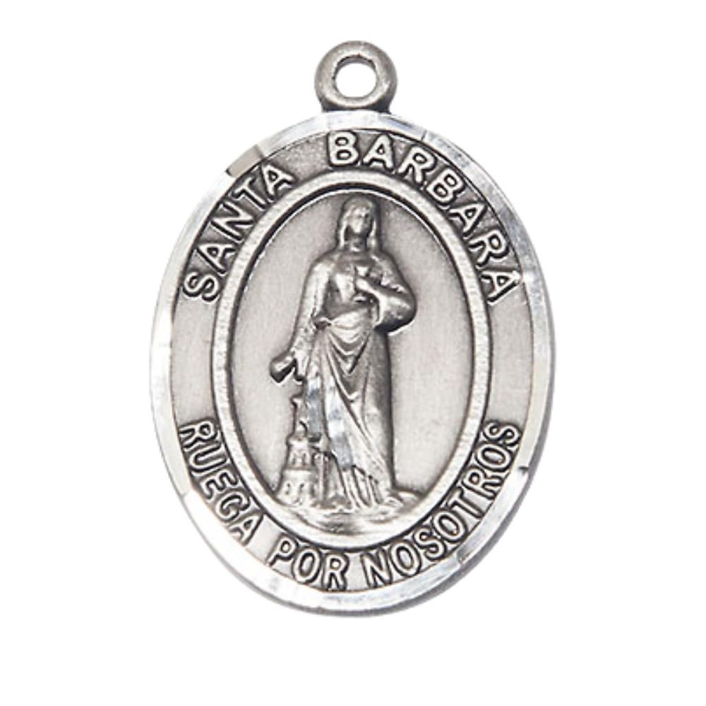 Mens Oval .925 Sterling Silver Santa St. Barbara Medal Pendant on 24 Inch Rhodium Plated Heavy Curb Brass Chain with Lobster Claw clasp, Catholic Religious Necklace - Made in USA- Velvet Gift Box