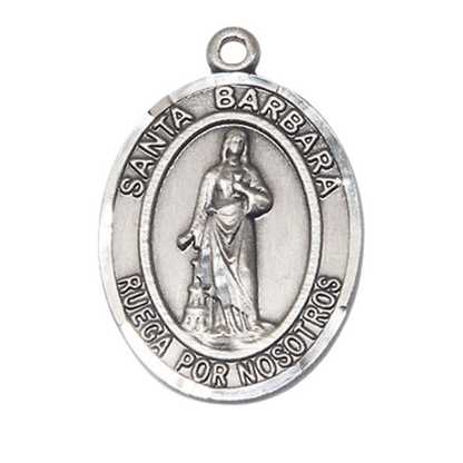 Mens 1 x 3/4" Oval Pewter Santa St. Barbara Medal Pendant on 24 Inch Rhodium Plated Heavy Curb Brass Chain with Lobster Claw clasp, Catholic Religious Necklace - Made in USA - Deluxe Velvet Gift Box