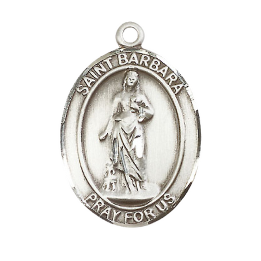 Mens Oval .925 Sterling Silver Saint St. Barbara Medal Pendant on 24 Inch Rhodium Plated Heavy Curb Brass Chain with Lobster Claw clasp, Catholic Religious Necklace - Made in USA- Velvet Gift Box