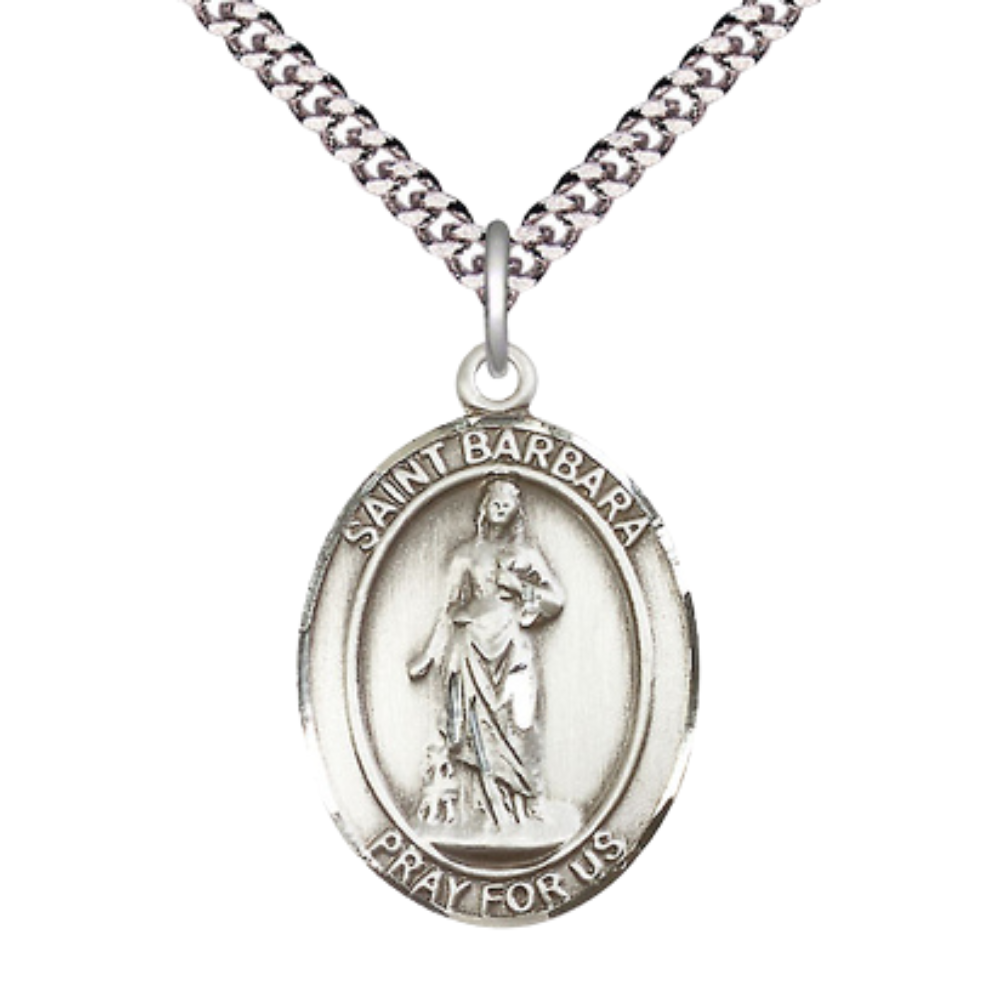 Saint St. Barbara Men's Pewter Medal Necklace– Patron Saint St. of Architects & Protection from Sudden Death – 24 Inch Light Rhodium Plated Heavy Curb Chain, Catholic Medal – Velvet Gift Box