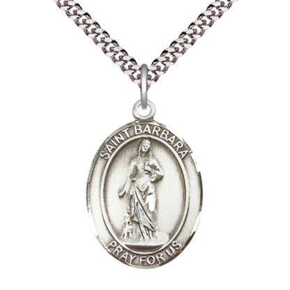 Saint St. Barbara Men's .925 Sterling Silver Medal Necklace– Patron Saint St. of Architects & Protection from Sudden Death – 24 Inch Light Rhodium Plated Heavy Curb Chain, Catholic Medal – Velvet Gift Box
