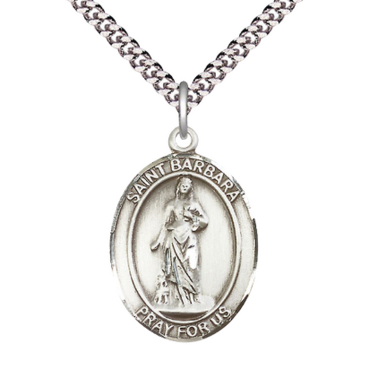 Saint St. Barbara Men's .925 Sterling Silver Medal Necklace– Patron Saint St. of Architects & Protection from Sudden Death – 24 Inch Light Rhodium Plated Heavy Curb Chain, Catholic Medal – Velvet Gift Box