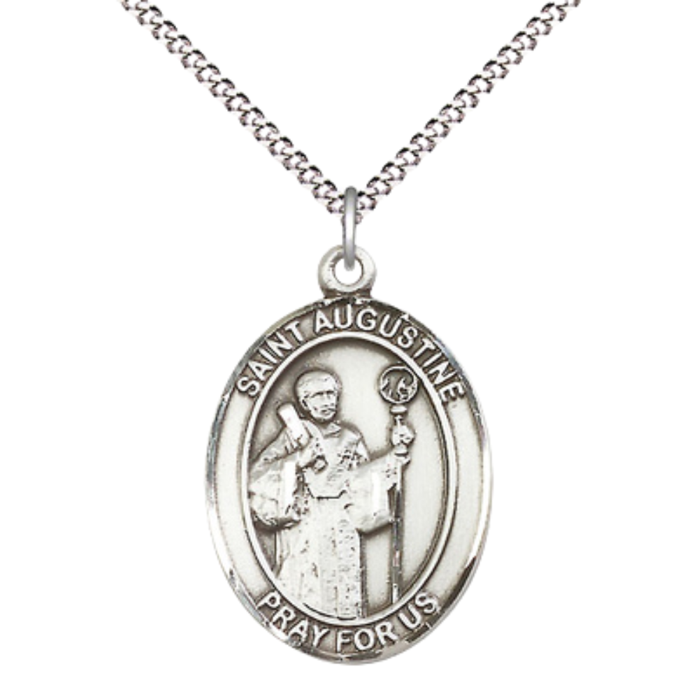 Women's .925 Sterling Silver Saint St. Augustine Medal Pendant on 18 Inch Rhodium Plated Lite Curb Brass Chain with Lobster Claw Clasp, Catholic Religious Necklace - Made in USA- Deluxe Velvet Gift Box