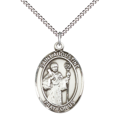 Women's .925 Sterling Silver Saint St. Augustine Medal Pendant on 18 Inch Rhodium Plated Lite Curb Brass Chain with Lobster Claw Clasp, Catholic Religious Necklace - Made in USA- Deluxe Velvet Gift Box