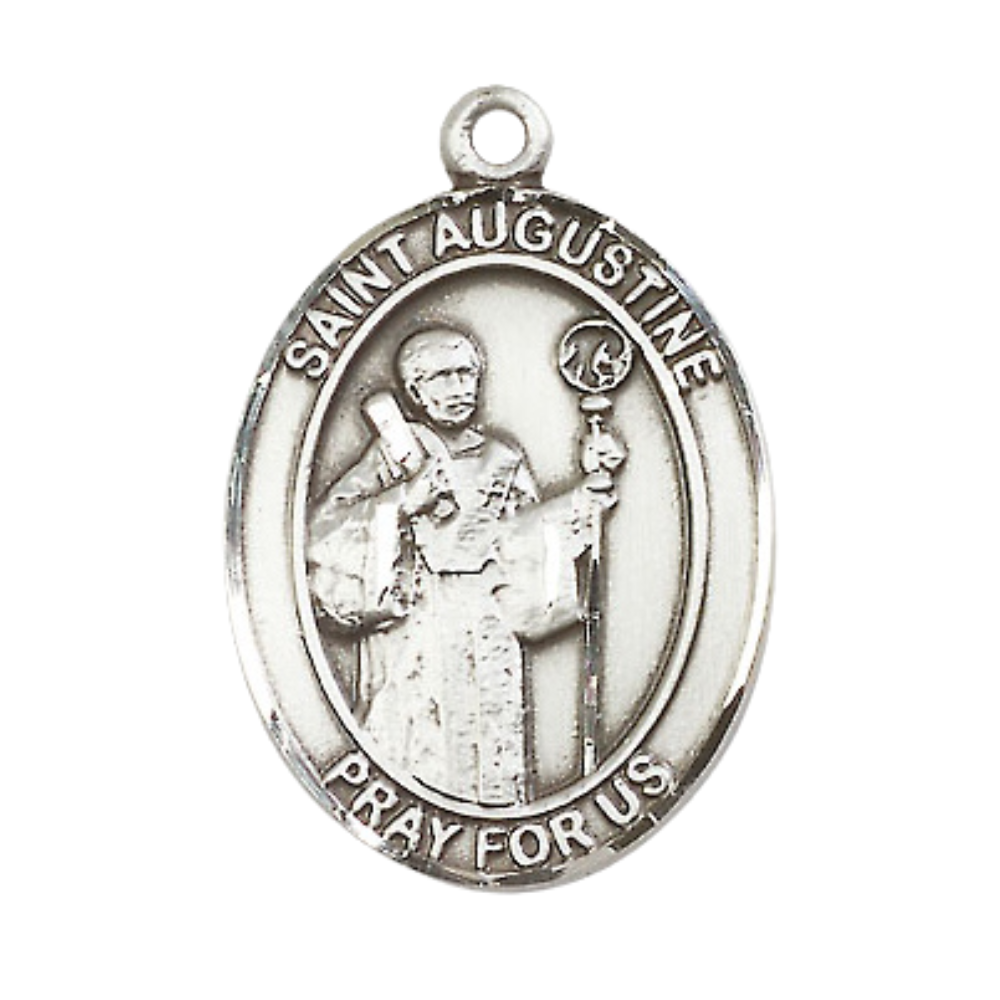 Women's .925 Sterling Silver Saint St. Augustine Medal Pendant on 18 Inch Rhodium Plated Lite Curb Brass Chain with Lobster Claw Clasp, Catholic Religious Necklace - Made in USA- Deluxe Velvet Gift Box