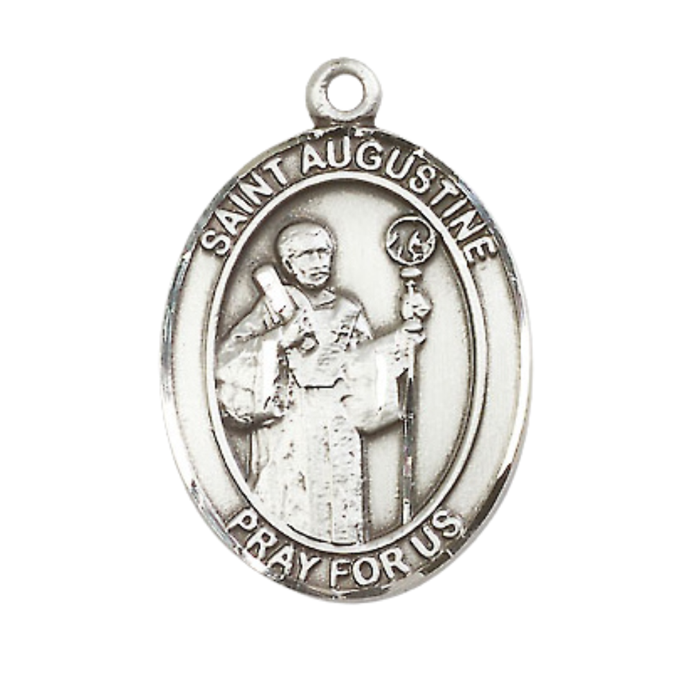 Mens Oval .925 Sterling Silver Saint St. Augustine Medal Pendant on 24 Inch Rhodium Plated Heavy Curb Brass Chain with Lobster Claw clasp, Catholic Religious Necklace - Made in USA- Velvet Gift Box