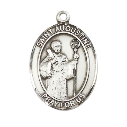 Mens Oval .925 Sterling Silver Saint St. Augustine Medal Pendant on 24 Inch Rhodium Plated Heavy Curb Brass Chain with Lobster Claw clasp, Catholic Religious Necklace - Made in USA- Velvet Gift Box