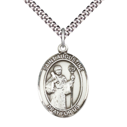 Saint Augustine Men's Pewter Medal Necklace– Patron Saint of Theologians & Sore Eyes – 24” Light Rhodium Plated Heavy Curb Chain – Velvet Gift Box