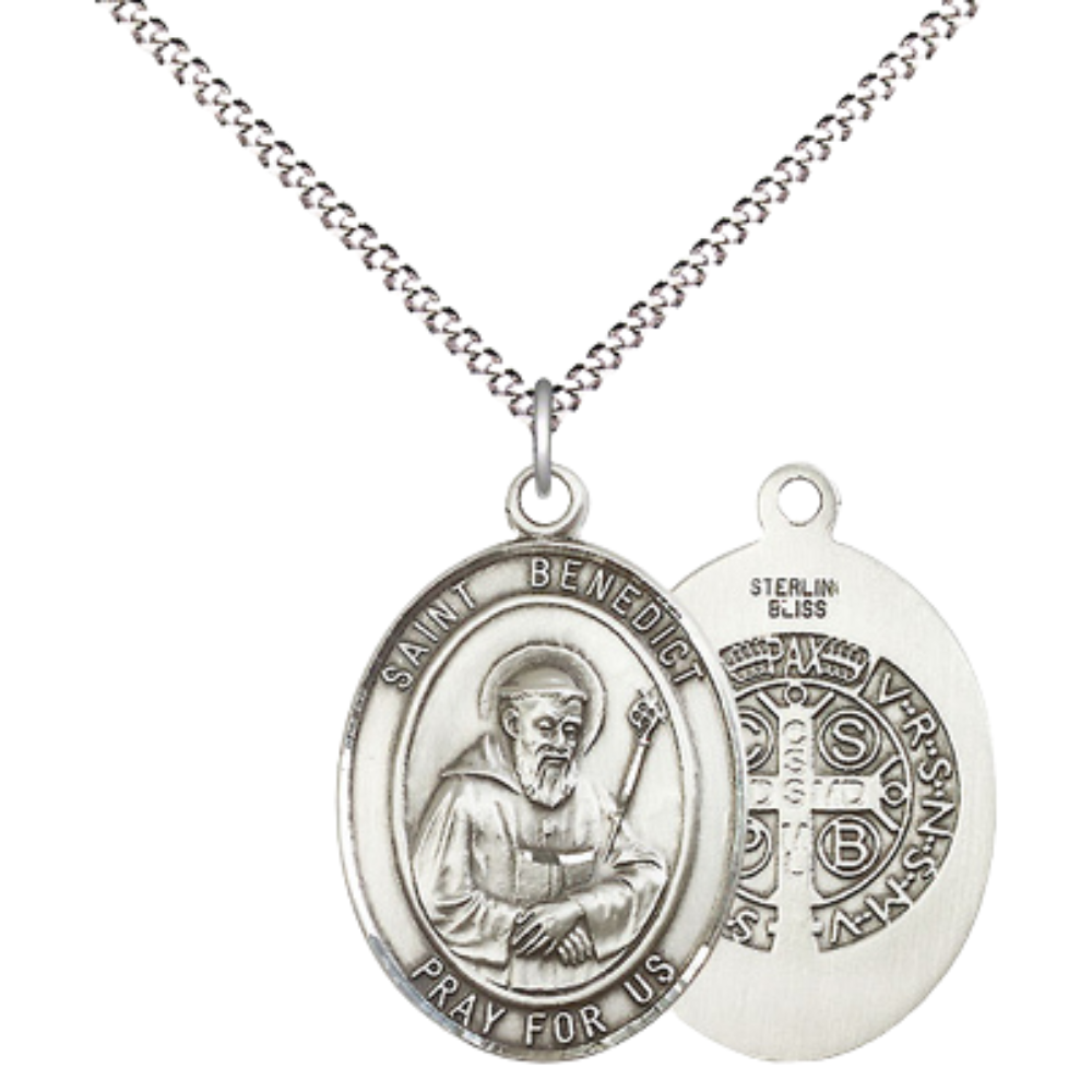 Women's .925 Sterling Silver Saint St. Benedict Medal Pendant on 18 Inch Rhodium Plated Lite Curb Brass Chain with Lobster Claw Clasp, Catholic Religious Necklace - Made in USA- Deluxe Velvet Gift Box