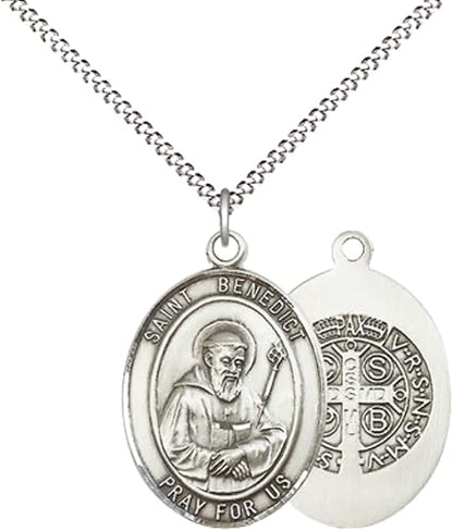Women's Pewter Saint St. Benedict Medal Pendant Necklace with 18 Inch Rhodium Plated Lite Curb Brass Chain– Patron Saint St. of Monks & Protection Against Poison, Catholic Medal – Velvet Gift Box Included