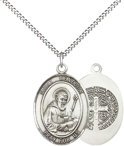 Women's Pewter Saint St. Benedict Medal Pendant Necklace with 18 Inch Rhodium Plated Lite Curb Brass Chain– Patron Saint St. of Monks & Protection Against Poison, Catholic Medal – Velvet Gift Box Included