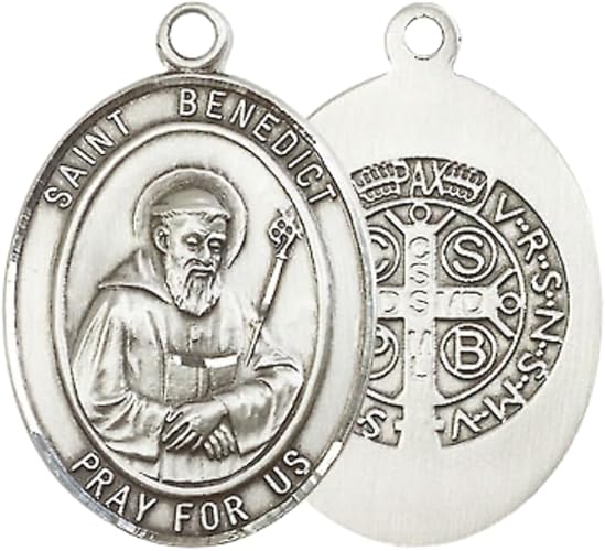 Mens 1 x 3/4" Oval Pewter Saint St. Benedict Medal Pendant on 24 Inch Rhodium Plated Heavy Curb Brass Chain with Lobster Claw clasp, Catholic Religious Necklace - Made in USA- Deluxe Velvet Gift Box