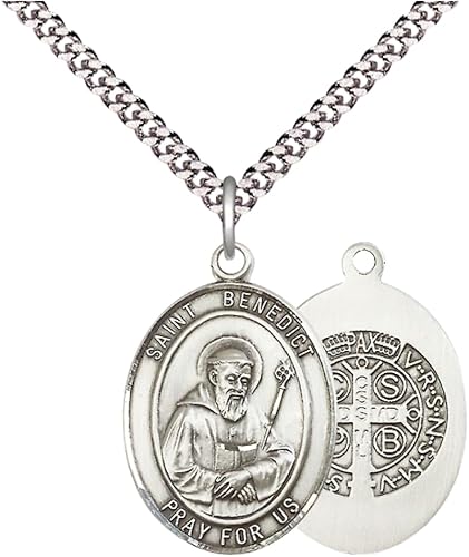 Saint St. Benedict Men's Pewter Medal Necklace– Patron Saint St. of Monks & Protection Against Poison – 24 Inch Light Rhodium Plated Heavy Curb Chain, Catholic Medal – Velvet Gift Box
