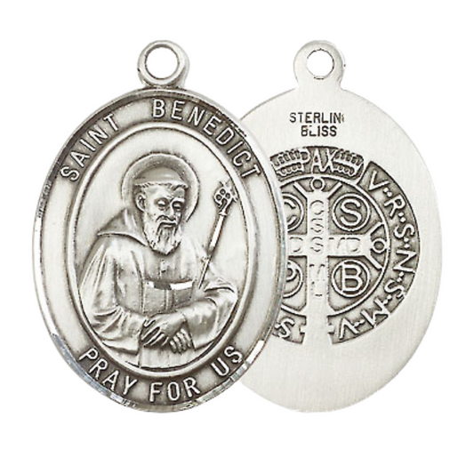 Mens Oval .925 Sterling Silver Saint Benedict Medal Pendant on 24" Rhodium Plated Heavy Curb Brass Chain with Lobster Claw clasp, Catholic Religious Necklace -Made in USA- Velvet Gift Box