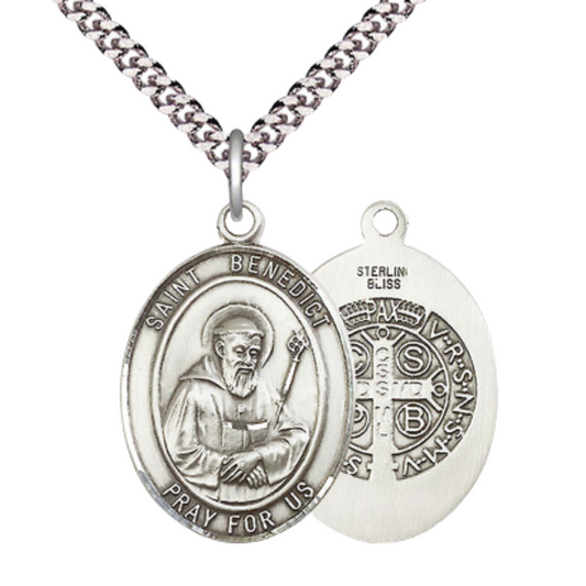 Saint St. Benedict Men's .925 Sterling Silver Medal Necklace– Patron Saint St. of Monks & Protection Against Poison – 24 Inch Light Rhodium Plated Heavy Curb Chain, Catholic Medal – Velvet Gift Box