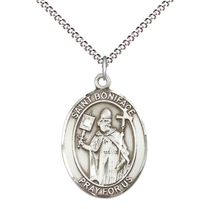 Women's .925 Sterling Silver Saint St. Boniface Medal Pendant on 18 Inch Rhodium Plated Lite Curb Brass Chain with Lobster Claw Clasp, Catholic Religious Necklace - Made in USA- Deluxe Velvet Gift Box