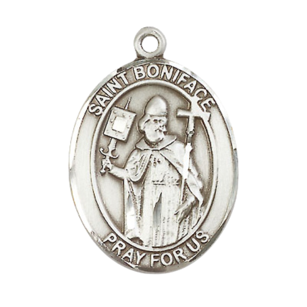 Women's .925 Sterling Silver Saint St. Boniface Medal Pendant on 18 Inch Rhodium Plated Lite Curb Brass Chain with Lobster Claw Clasp, Catholic Religious Necklace - Made in USA- Deluxe Velvet Gift Box