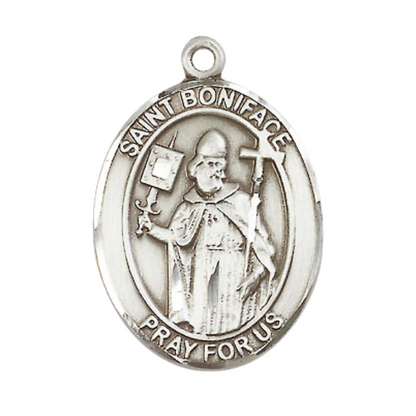 Women's .925 Sterling Silver Saint St. Boniface Medal Pendant on 18 Inch Rhodium Plated Lite Curb Brass Chain with Lobster Claw Clasp, Catholic Religious Necklace - Made in USA- Deluxe Velvet Gift Box