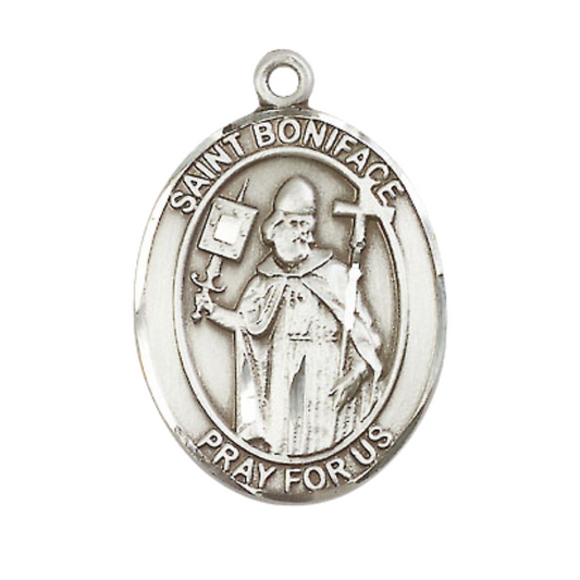 Mens Oval .925 Sterling Silver Saint St. Boniface Medal Pendant on 24 Inch Rhodium Plated Heavy Curb Brass Chain with Lobster Claw clasp, Catholic Religious Necklace - Made in USA- Velvet Gift Box