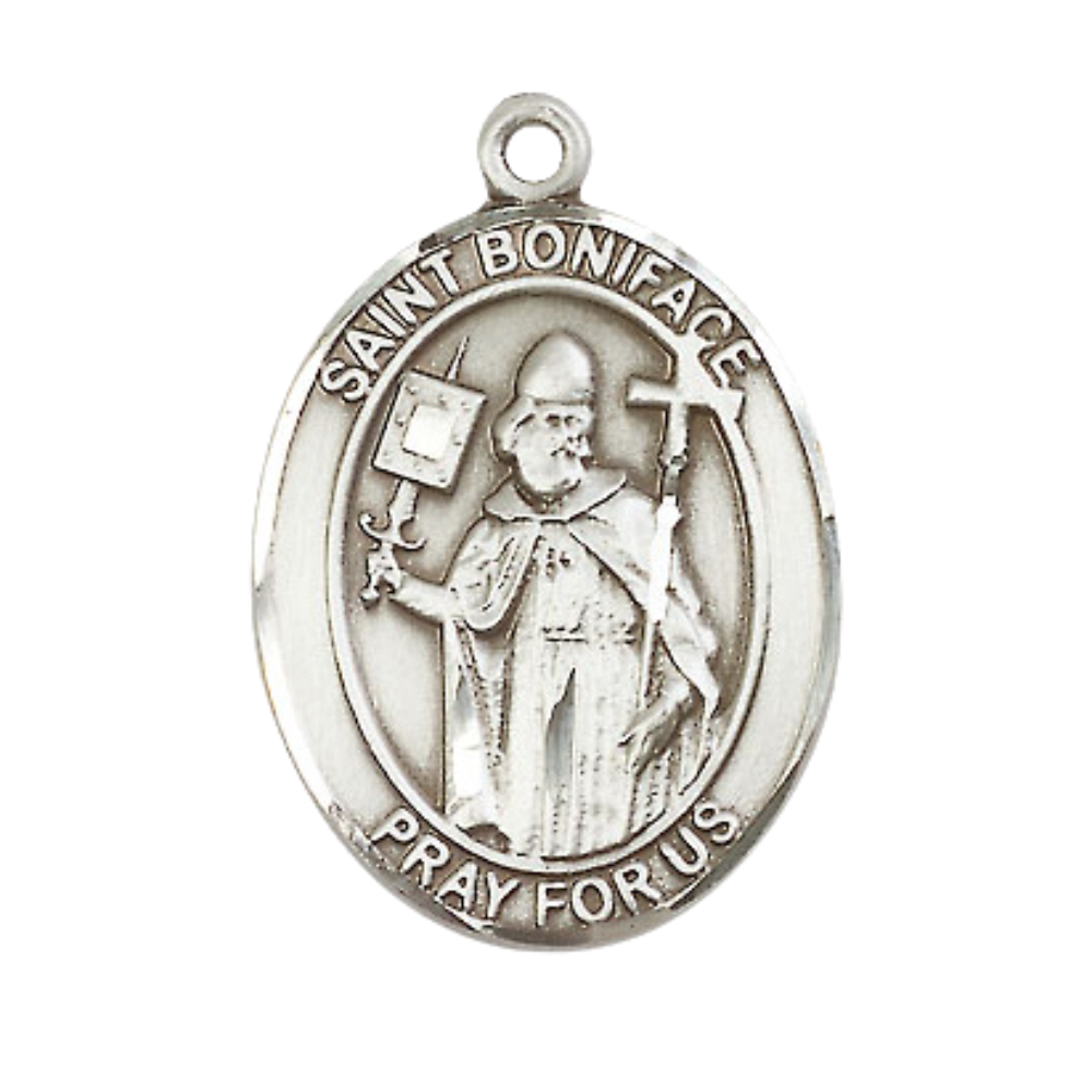Saint St. Boniface Medal Necklace on 24 Inch Endless Light Rhodium Plated Heavy Curb Chain – Exquisite Catholic Religious Jewelry in Velvet Gift Box