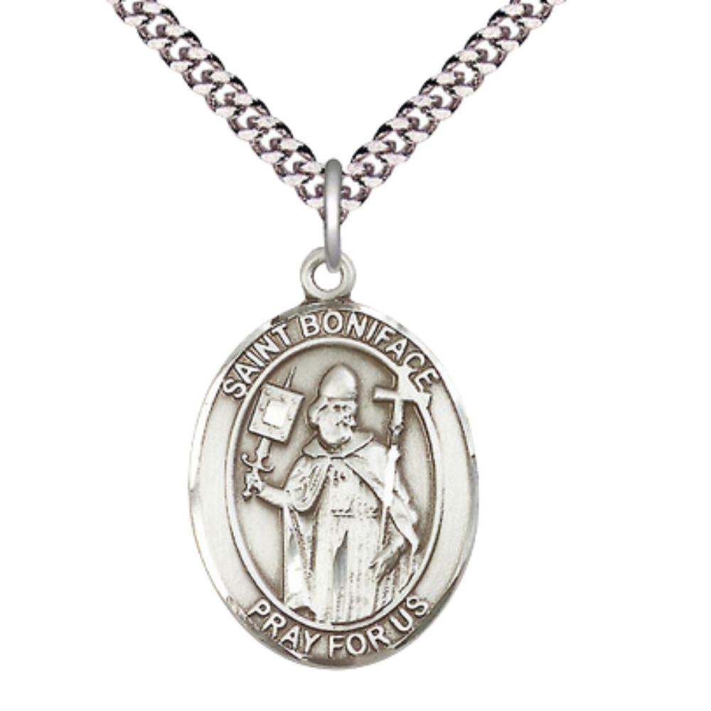 Saint St. Boniface Men's Medal Necklace on 24 Inch Endless Light Rhodium Plated Heavy Curb Chain – Exquisite Catholic Religious Jewelry in Velvet Gift Box