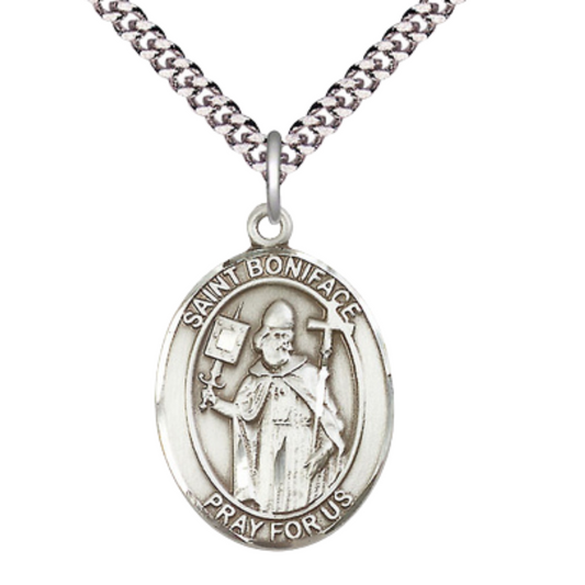 Saint St. Boniface Men's Medal Necklace on 24 Inch Endless Light Rhodium Plated Heavy Curb Chain – Exquisite Catholic Religious Jewelry in Velvet Gift Box